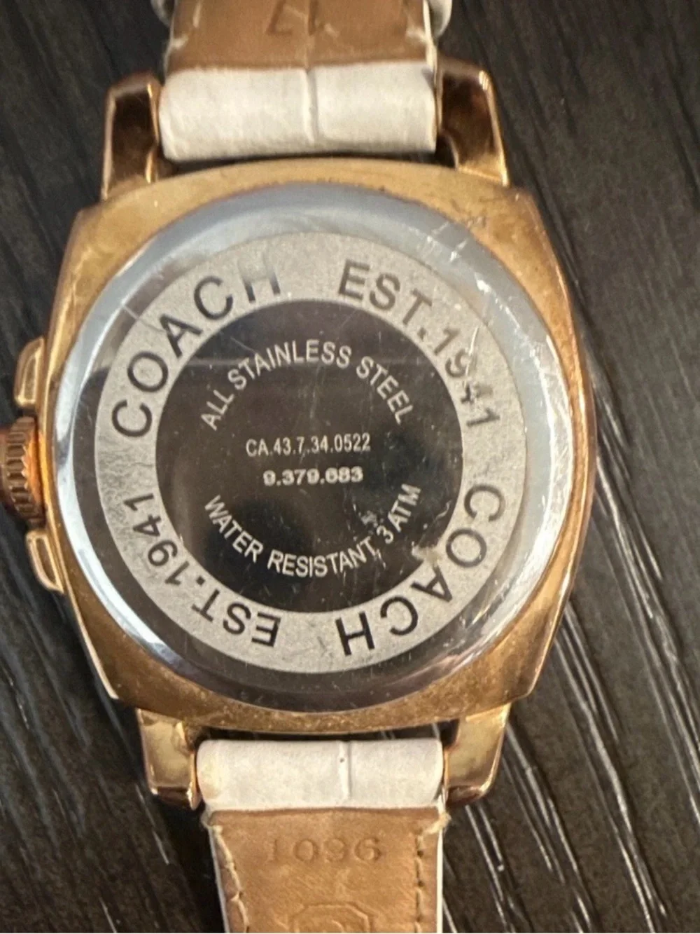 Coach Gold-Tone Chronograph Watch with White Leather Strap 34 mm